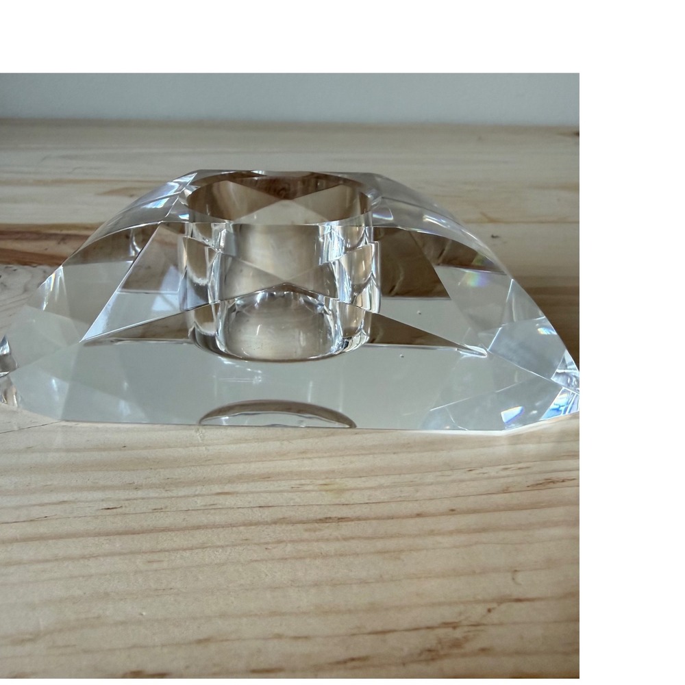 Oleg Cassini Crystal Votive Candle Holder Signed Faceted Geometric Heavy Glass